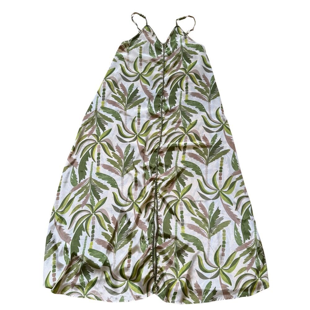 Tropical Palm Print V-Neck Maxi Cover Up Dress Green Sz M Resort Beach Vacation